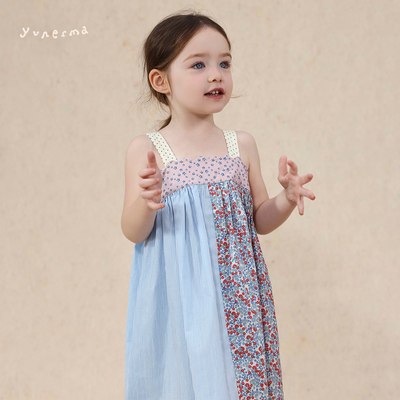 允儿妈女童条纹拼接吊带连衣裙