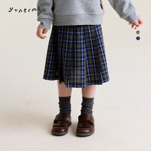 允儿妈女童春季新款莱赛尔格子百褶半身裙儿童学院风短裙女孩半裙