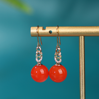 南红樱桃红18K金圆珠耳坠耳环