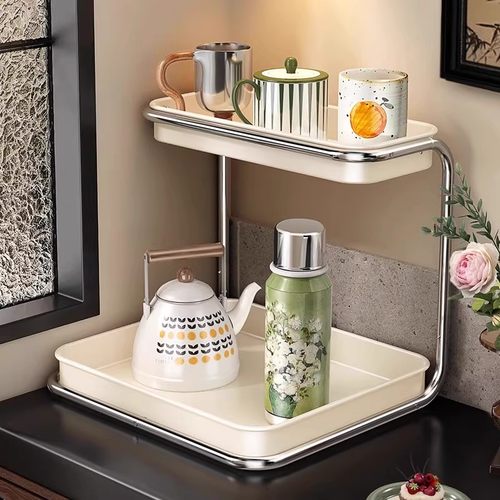 北欧轻奢转角杯架不锈钢餐厅桌面置物架带沥水盘双层收纳展示架