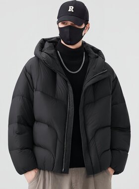 黑色高充绒连帽羽绒服男士2026冬季休闲加厚防寒面包服男装外套潮