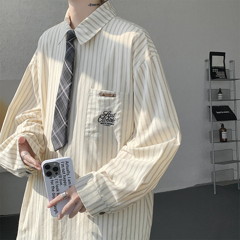 学院风dk制服条纹长袖衬衫男美式复古刺绣高级感情侣休闲衬衣外套