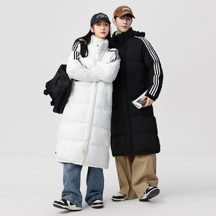 羽绒服男女长款过膝冬季新款白鸭绒连帽上衣加厚情侣装三条杠外套