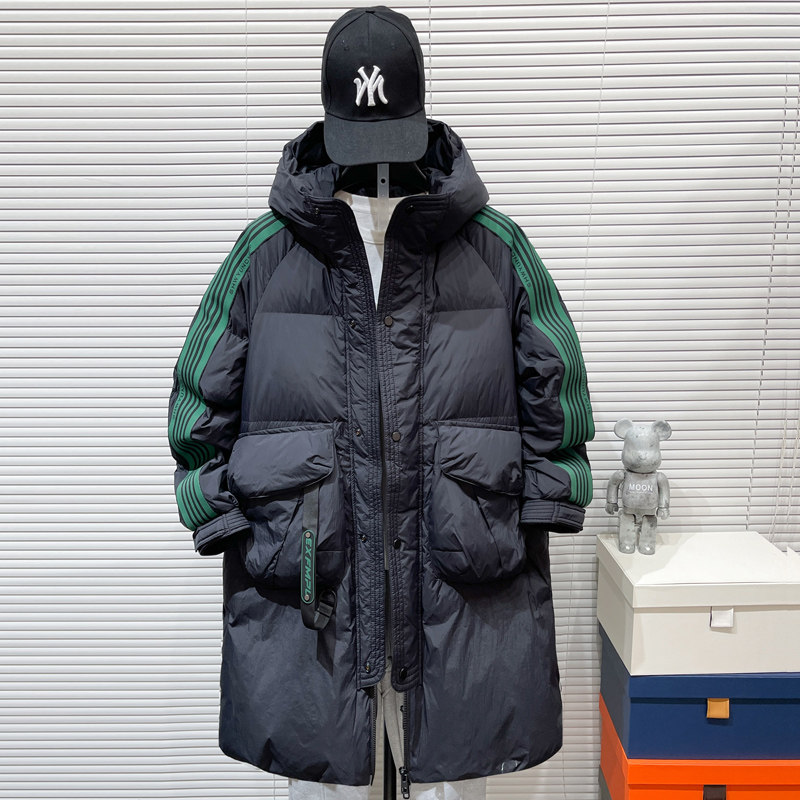中长款羽绒服男2025冬季新款潮牌条纹加厚抗寒服宽松大码派克外套