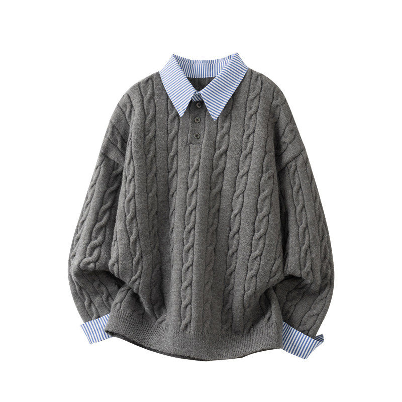 学院风绞花假两件Polo毛衣女男冬季老钱风条纹拼接套头针织衫情侣,男装,针织衫/毛衣,淘宝优惠券,粉丝福利购,淘宝优惠卷