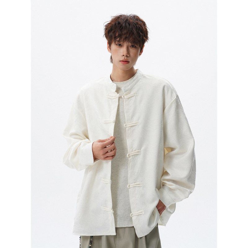 新中式唐装盘扣立领长袖衬衫男春季潮牌宽松休闲白色痞帅衬衣外套