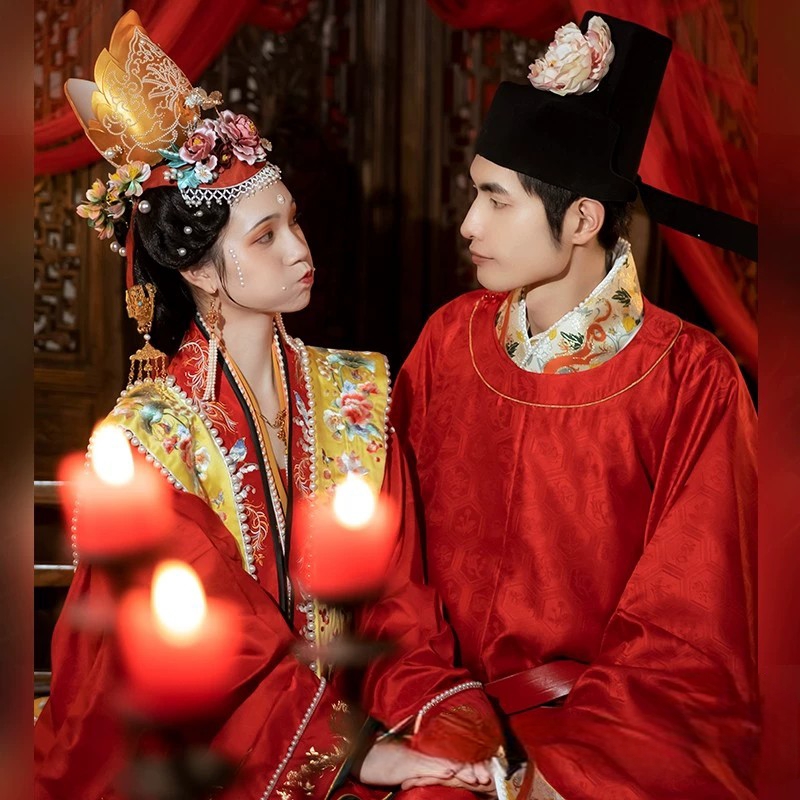 汉服婚服出租宋制大衫霞帔拖尾圆领袍砚滨纱凤求凰刺绣婚嫁男女款