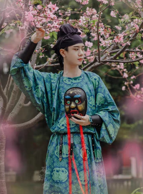 【出租】砚滨纱唐制圆领袍盘领袍半复原纹样印花汉服飞狮男款汉服