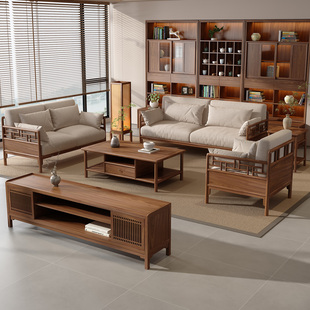 新中式北美黑胡桃木实木软包沙发别墅轻奢宋氏美学禅意客厅家具