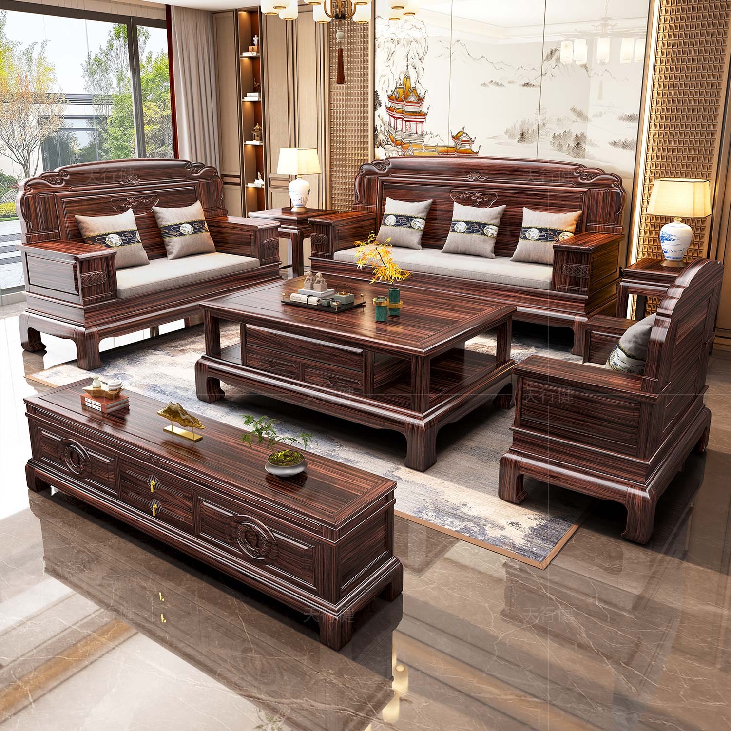 新中式乌金木实木沙发客厅组合大小户型冬夏两用高端别墅木质家具