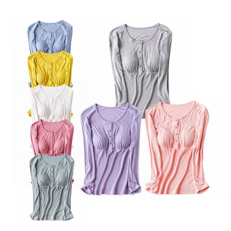 새로운 모달 핏 스트립 숨겨진 버튼 간호 탑 느슨한 감금 의류 출산 착용 대형 프론트 버튼 간호 잠옷