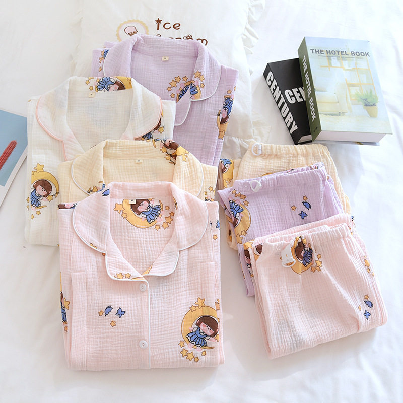 봄과 여름 감금 옷 순면 산후 출산 잠옷 여성용 주름 얇은 거즈 수유 수유복 땀 흡수