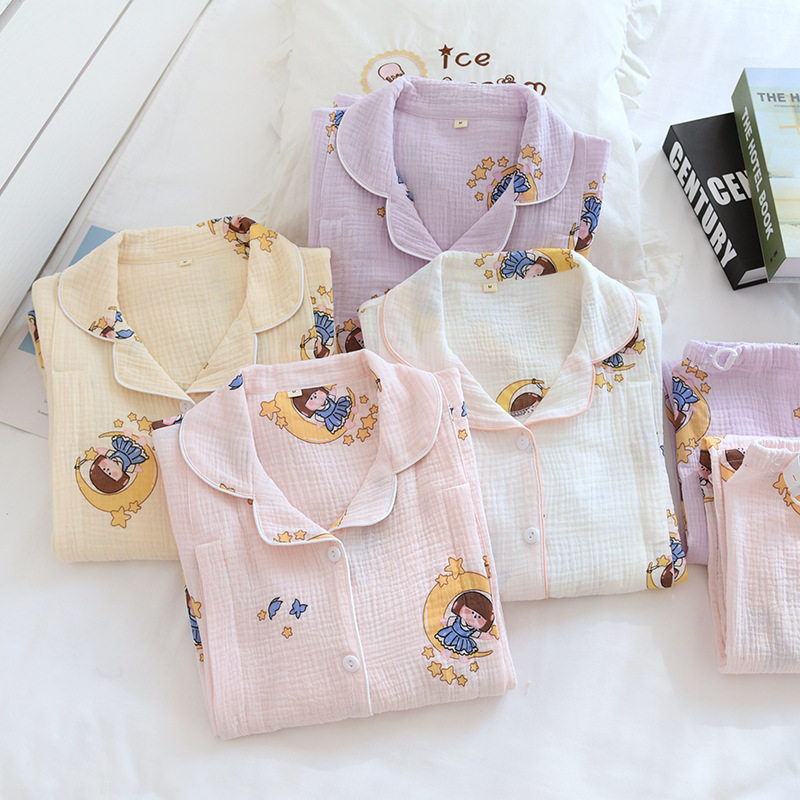 봄과 여름 감금 옷 순면 산후 출산 잠옷 여성용 주름 얇은 거즈 수유 수유복 땀 흡수