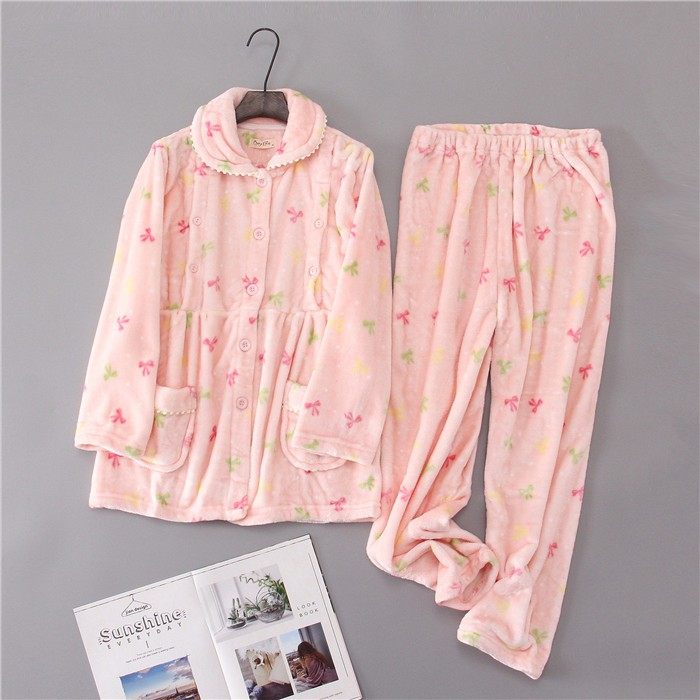 가을 겨울 플란넬 임산부 두꺼운 잠옷 산후 따뜻한 수유복 산호 벨벳 수유 및 수유복 세트