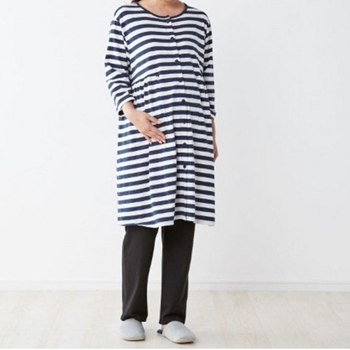 QIANJIA CHUNQIU 출산 가정 의류 순수 코튼 긴팔 간호 중간 길이 탑 감금 의류 잠옷