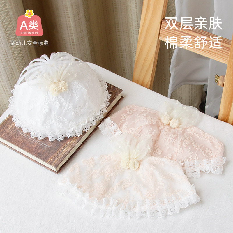 婴儿帽子夏季蕾丝公主宝宝囟门带新生儿囟门花边兔耳朵帽纯棉胎帽