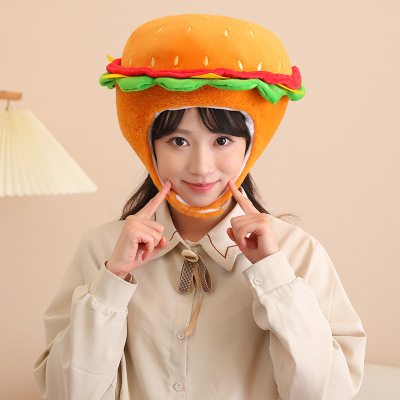 新款汉堡包帽子毛绒玩具游戏道具卡通头套保暖帽子外贸儿童节