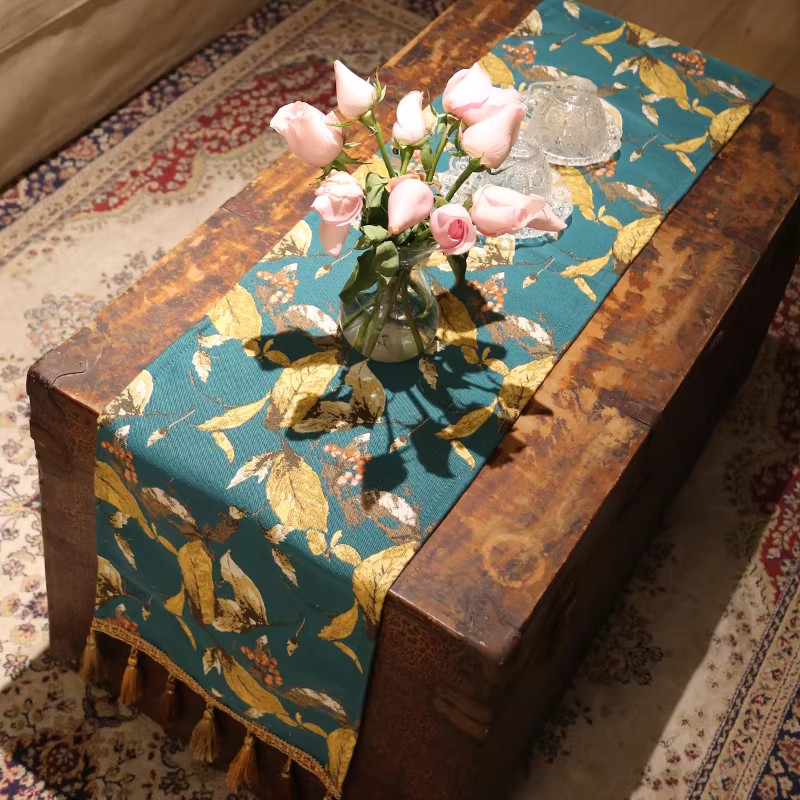 复古美式茶几巾防尘巾盖巾绿底黄树叶桌旗,居家布艺,万能盖巾,淘宝优惠券,粉丝福利购,淘宝优惠卷