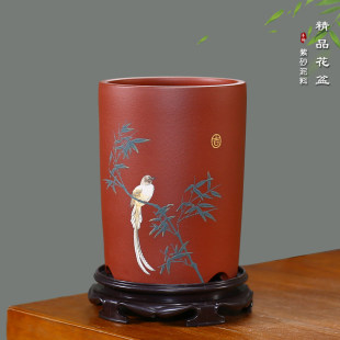 宜兴紫砂花盆签筒花盆手工泥绘室内桌面绿植盆栽君子兰盆景兰花盆