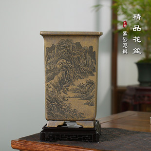 神力鲨皮青四方高签筒通转刻绘桌面古典盆栽蕙兰寒兰莲瓣兰花盆景
