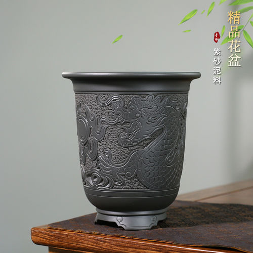 神力紫砂花盆老料天青艺师双刀软刻精品古典桌面书房摆件兰花盆景