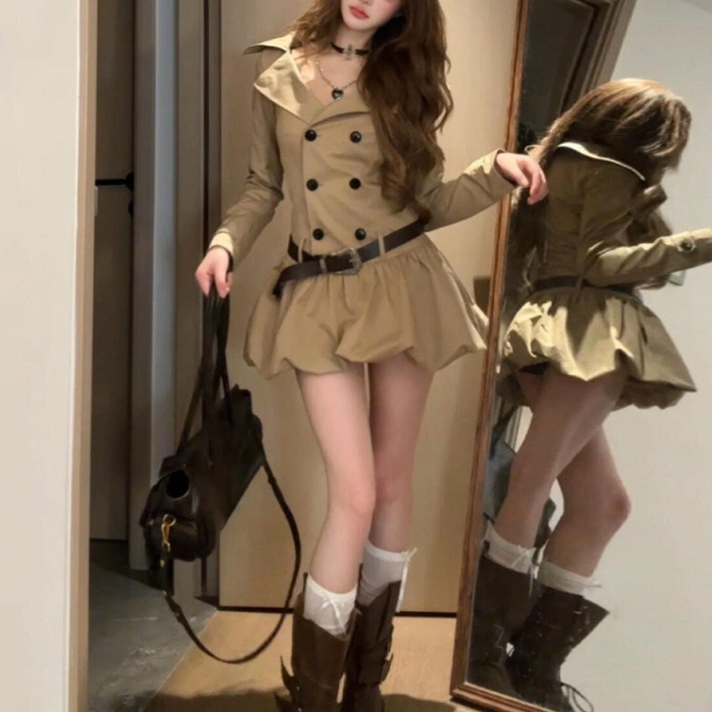 韩系学院风美拉德长袖连衣裙子女早秋季2026新款收腰a字花苞短裙