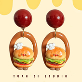 原创设计童趣汉堡耳环女小众撞色设计感高级百搭耳夹可爱耳饰礼物