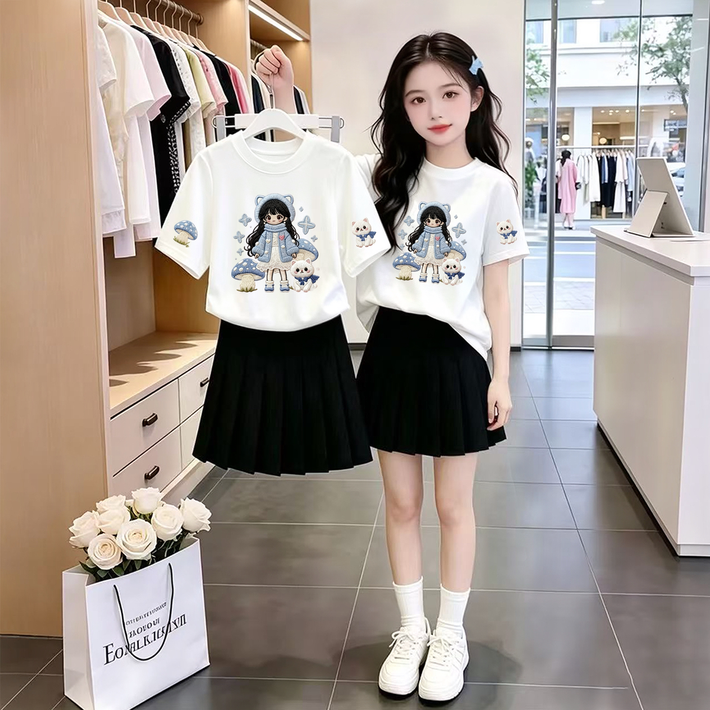 女大童夏季纯棉T恤短裙两件套图片