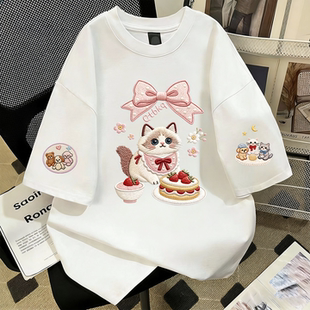 女童纯棉白色T恤2026夏薄新款布偶猫初中生可爱洋气圆领短袖上衣