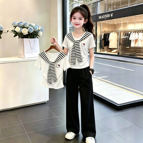 女童海军领纯棉短袖套装新款