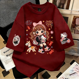 2026女童夏薄纯棉短袖T恤初中生卡通洋气仿刺绣印花韩版潮流上衣