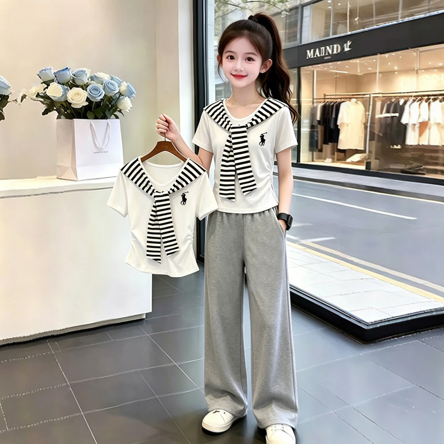 女童夏季海军领T恤牛仔阔腿裤套图片