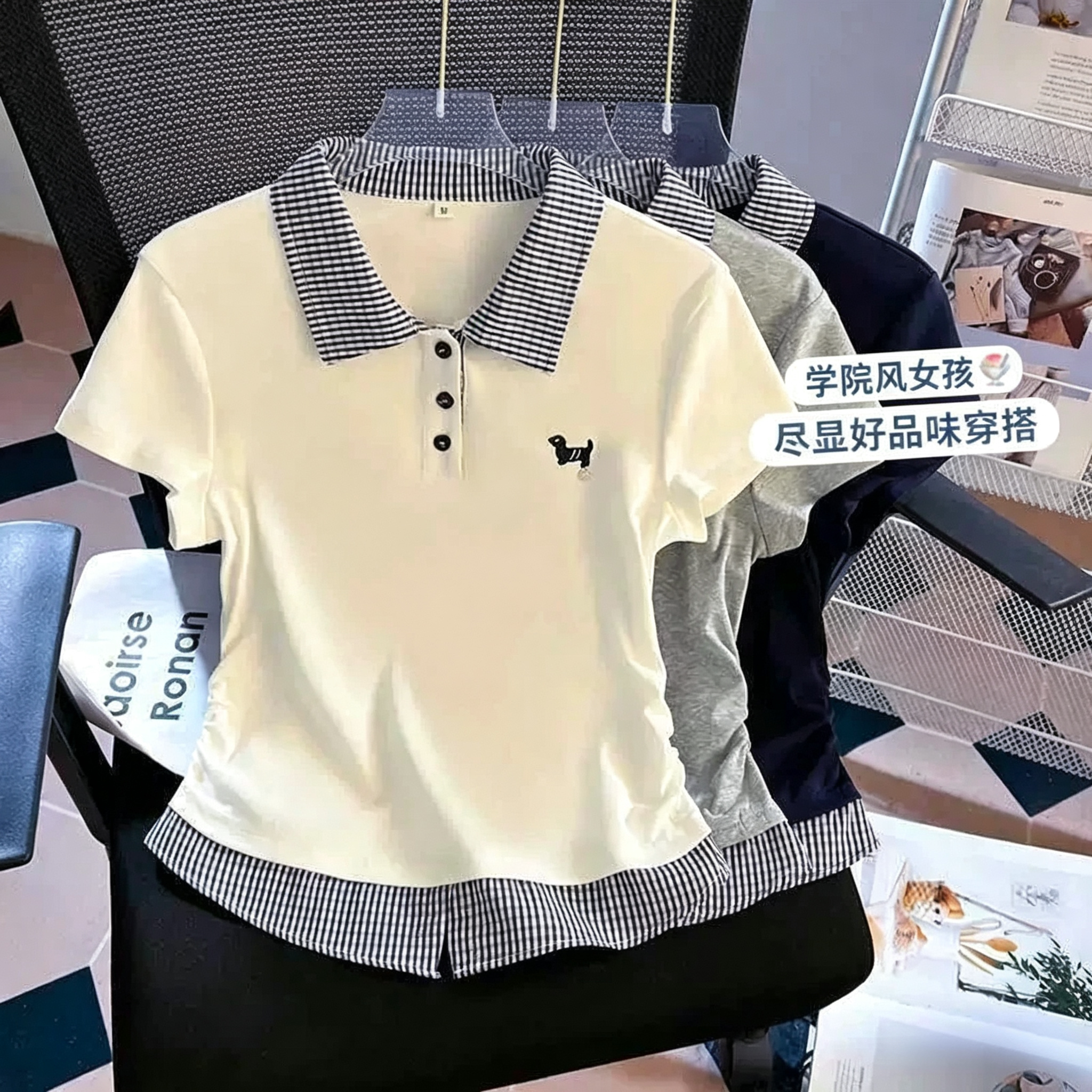 女童学院风POLO短袖T恤修身图片