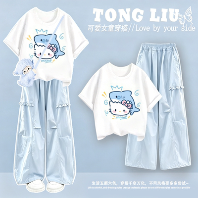 女童短袖夏套装2026新款中大童初中生女孩洋气纯棉衣服薄款工装裤 — 2