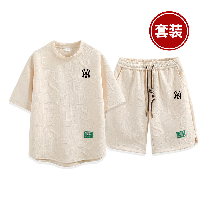 夏季美式刺绣沙滩T恤五分裤套装