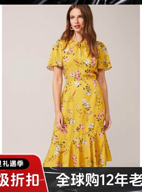 Phase Eight短袖连衣裙中长黄色碎花印花鱼尾H型修身优雅英伦淑女