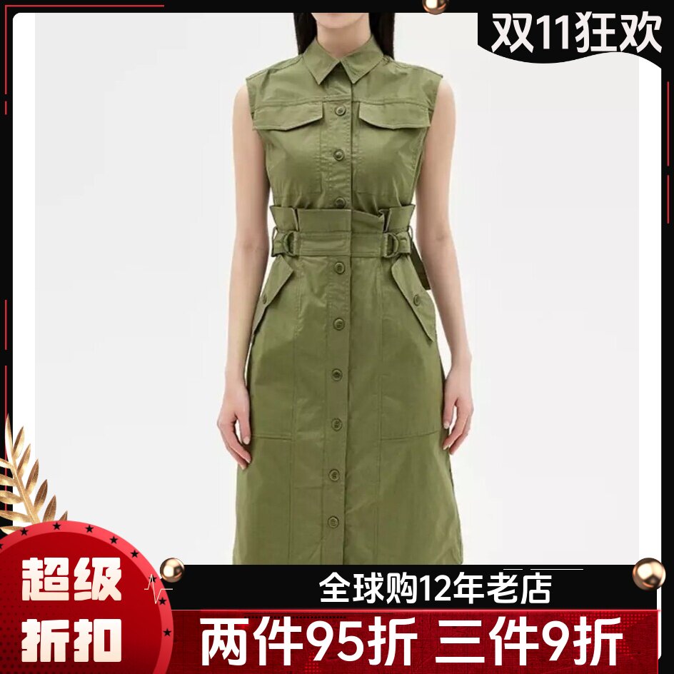 UNI CLOSET连衣裙衬衫裙军绿色微弹棉质系带短款修身百搭英伦