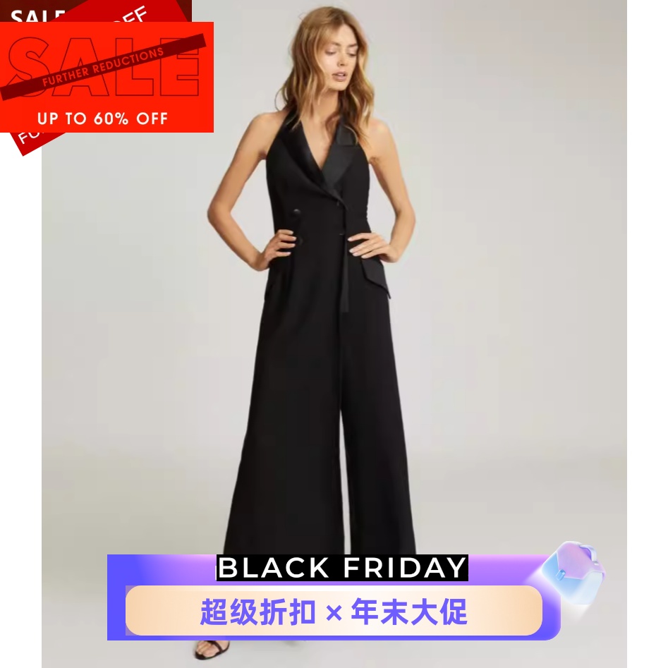 REISS黑西服领双排扣阔腿连体裤