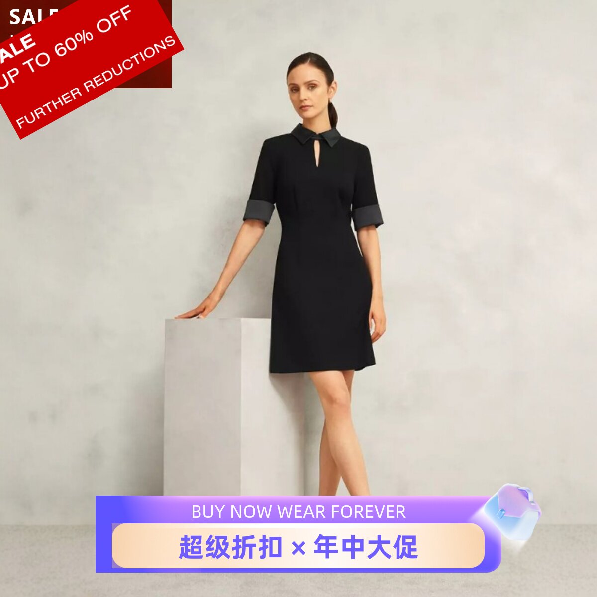 HOBBS短袖黑色连衣裙短裙纯色衬衫领高腰修身显瘦日常通勤气质