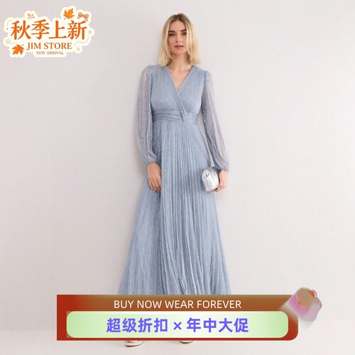 Phase Eight长袖冰蓝礼服裙连衣裙百褶裙长裙网纱清新淑女优雅