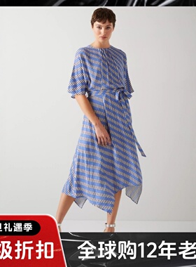 LK BENNETT短袖连衣裙蓝色系带菱格纹不对称设计休闲通勤百搭舒适