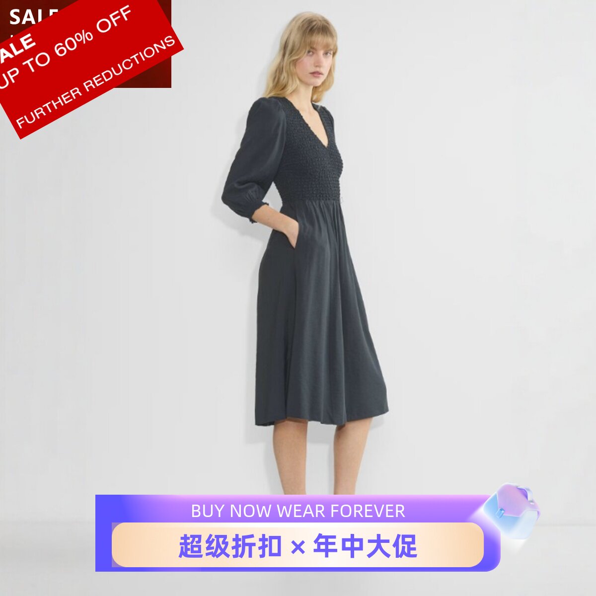 UNI CLOSET橡皮粉长袖连衣裙心形V领中长款纯色褶皱法式优雅大气