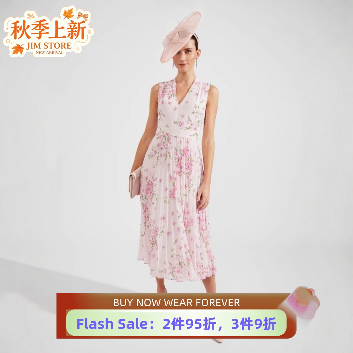 HOBBS连衣裙百褶裙淡粉碎花无袖V领高腰修身清新淑女优雅百搭
