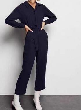 Phase Eight长袖连体裤连体衣藏蓝长裤高腰衬衫领系带气质干练OL