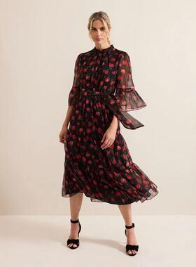 Phase Eight五分袖连衣裙中长裙黑色印花网纱袖系带优雅英伦气质