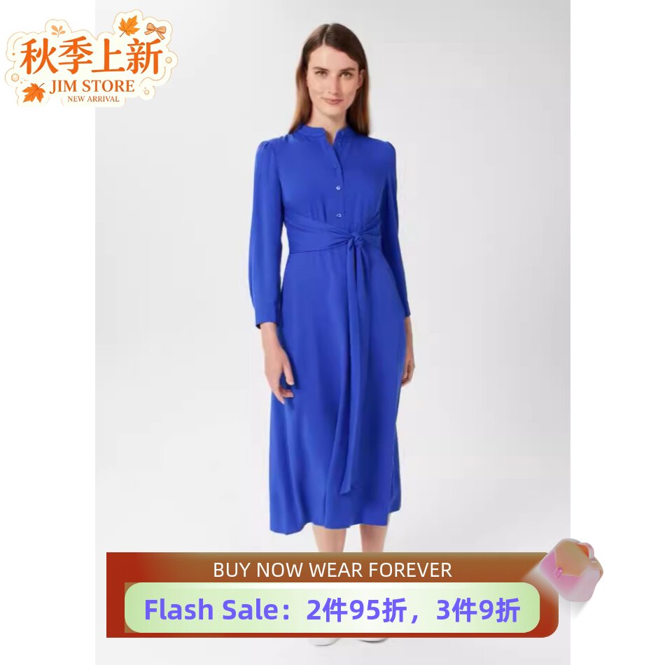 HOBBS蓝色长袖裹腰衬衫裙