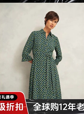 HOBBS七分袖连衣裙衬衫裙中长A字系带绿色碎花优雅英伦通勤百搭