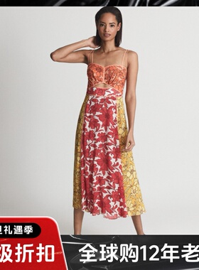 REISS吊带连衣裙度假裙粉色黄色印花镂空露背系带蝴蝶结大气百搭