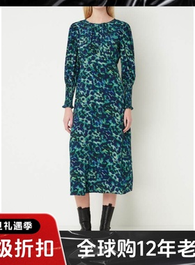 WHISTLES长袖连衣裙中长裙青蓝色水墨抽象印花修身气质英伦显瘦