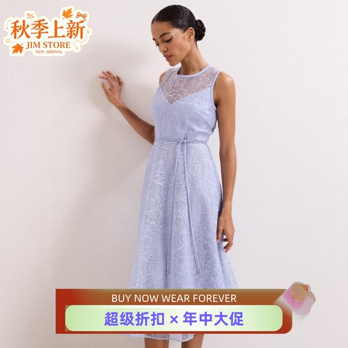 Phase Eight浅蓝连衣裙无袖蕾丝网纱圆领系带纯色高腰优雅名媛风